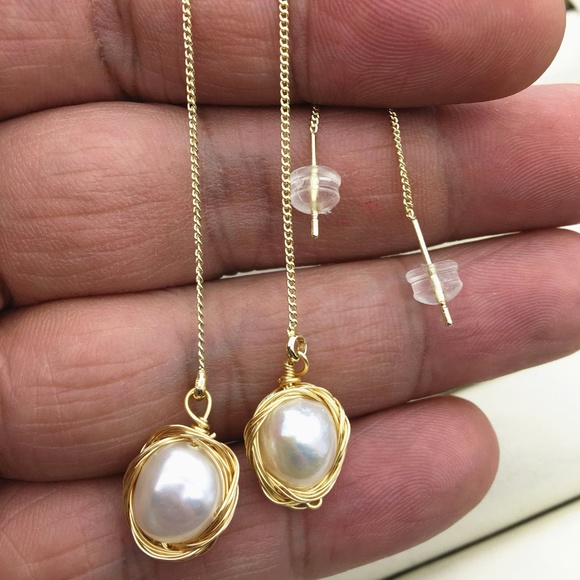 Baroque Pearl Threader Earrings - 14K Gold Plate - Picture 1 of 8